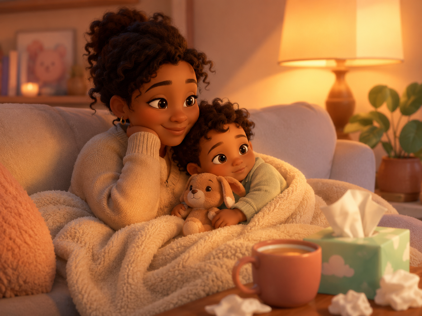 Sick toddler cuddled up with mom watching Snapatoonies